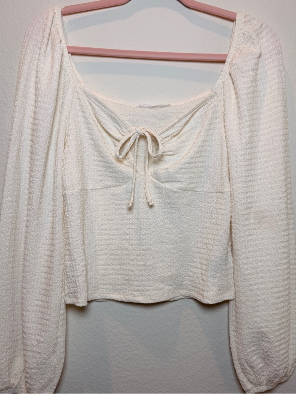 Spring +‎ Mercer Cream Textured Peasant Blouse Tie Front Long Sleeve Top Size M